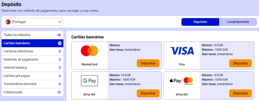 Métodos de Pagamento e Levantamento